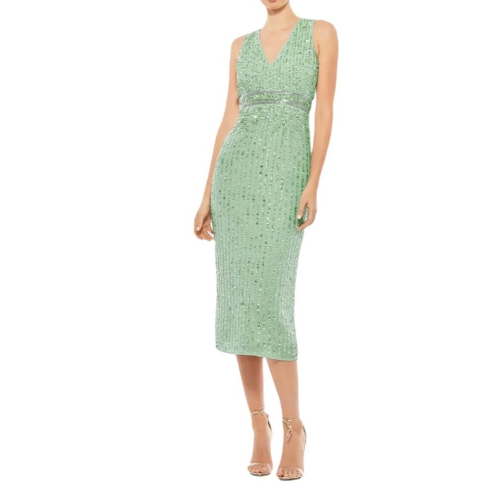 Mac Duggal Green Sequined Sleeveless V-Neck Midi Sheath Dress Women’s Sz 16